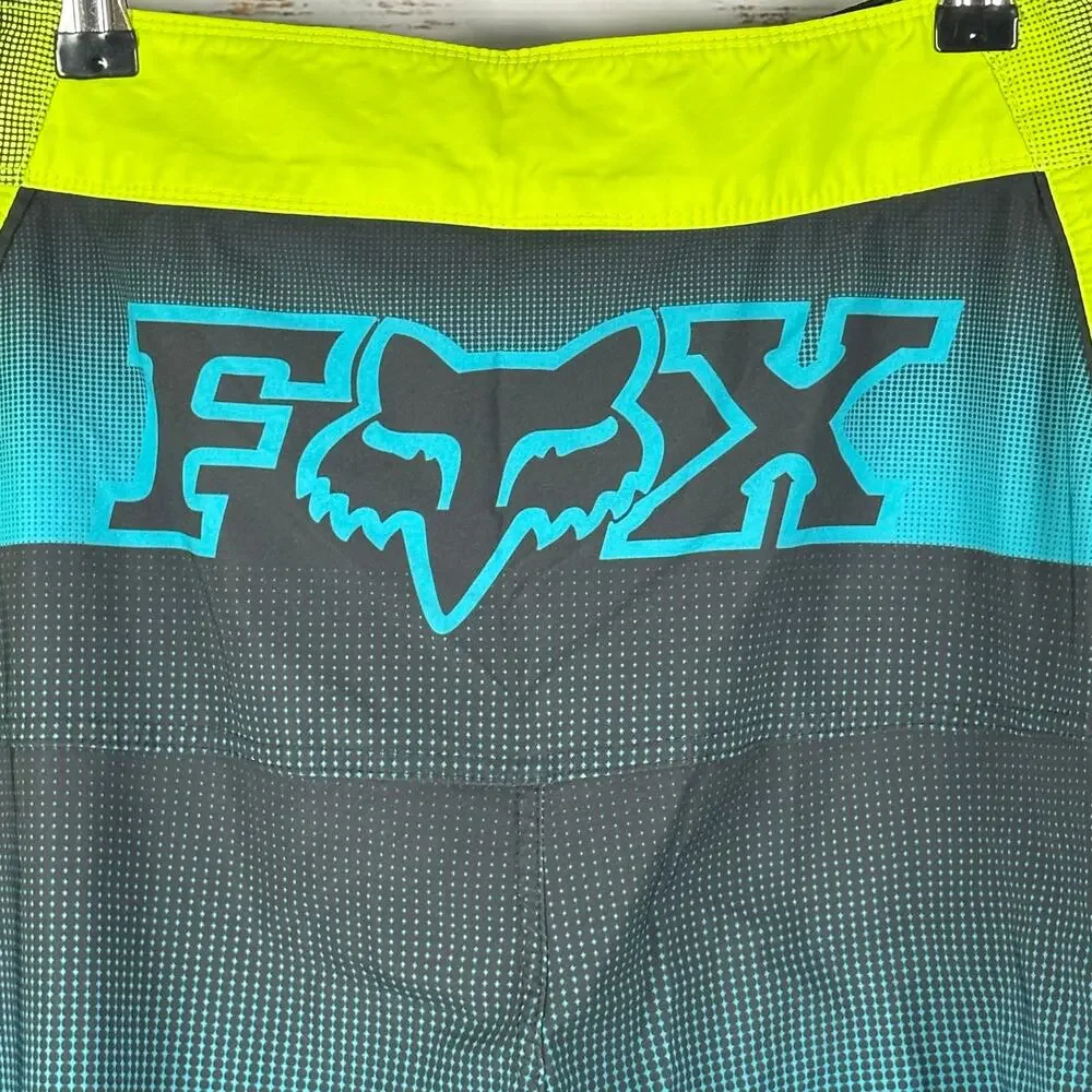 Y2K Fox Racing Boardshort Yellow Teal Black Surf Retro Back Graphic Logo Mens 32